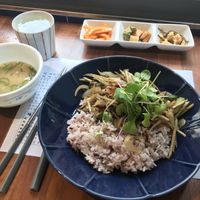 Vegetables rice bowl with banchan  at Mothers Table in Seoul