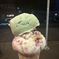 Pistachio and marionberry   at Kate's Ice Cream in Portland