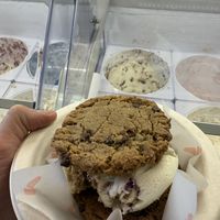 Ice cream cookie sandwich (featuring the blueberry pie ice cream)  at Kate's Ice Cream in Portland