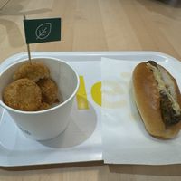 Karaage + veggie dog w/ mustard at IKEA - Shibuya in Tokyo