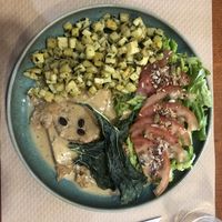 Seitan steak in house sauce with sweet potatoes.  at Santo Seitan in Sao Miguel