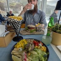 Vegan burger, Quinoa salad and a side of chips. at Sea View in Porto Moniz