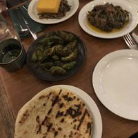 Polenta with mushrooms 🍄. Green beans with tomato and herbs 🍅.  Padron peppers with salt and chilli 🫑🌶. Flatbread 🫓    at Sylvan in Glasgow