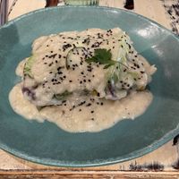 Cauliflower carbonara sauce with corn-spinach pie  at La Mujer de Verde in Mallorca