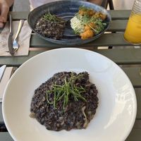 Black rice with mushrooms and truffle sauce, and the mezze platter    at La Mujer de Verde in Mallorca
