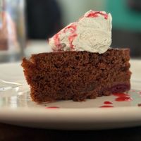 Black Forest cake with cherry sauce.  at La Mujer de Verde in Mallorca