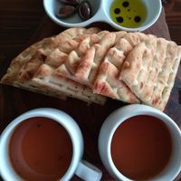 Soup + Greek pitas + olives +olive oil at Oskars in Kefalonia