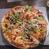 Vegan pizza without any cheese, just to be sure!! at Oskars in Kefalonia