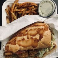 Ain’t gator po’boy with seasoned fries at Souley Vegan in San Francisco