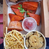 3 Piece Korean Fried Tofu Plate with Radish Kimchi, Truffle Fries, and Fried Dill Pickles at Billy's Fried Chicken in Ashland