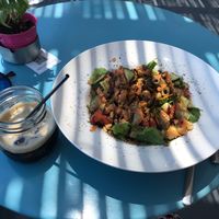Delicious Salad and Freddo espresso  at Avli Cafe in Thirasia
