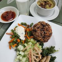 Menu of the day (soup, main dish, desert and drink) at La Mesa Vegetariana in Bogota