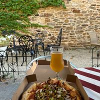 takeout pizza from Popolo- modified the seasonal vegetable pizza by omitting cheese.  at Popolo in Mineral Point