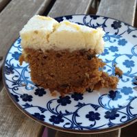 A carrot 🥕 cake 🎂 ! Absolutely delicious, creamy frosting and soft cake. at Inga's Veggie Heaven in Nicosia