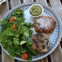 2 burgers : sweet potato and feta(vegan) with an amazing pesto sauce on a side at Inga's Veggie Heaven in Nicosia
