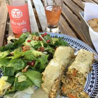 Nut and lentil loaf with yummy sauce at Inga's Veggie Heaven in Nicosia