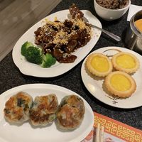 Our favorites - spicy crispy beef, turnip cake and custard tart at Chef Kenny's Vegan Dim Sum in Las Vegas