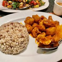 Orange Chicken with brown rice  at Chef Kenny's Vegan Dim Sum in Las Vegas