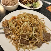 Chow mein and crispy beef with peanuts and brown rice   at Chef Kenny's Vegan Dim Sum in Las Vegas