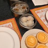 From the top, steamed vegan pork buns, steamed mixed mushroom dumplings (my fav), steamed vegan shrimp dumplings, and vegan egg custard tarts (perfect end).  Plenty of food for 2!  at Chef Kenny's Vegan Dim Sum in Las Vegas