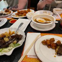 Couldn’t resist digging in before a photo. Korean BBQ Beef, Orange Chicken, and Hot and Sour Soup.  at Chef Kenny's Vegan Dim Sum in Las Vegas