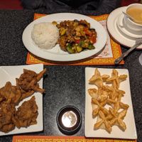 Kung Pao chicken lunch special with white rice and vegetable soup, fried chicken (with a spicy sauce), cream cheese wontons (with sweet and sour sauce) at Chef Kenny's Vegan Dim Sum in Las Vegas