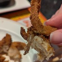Interior of fried chicken. Appears to be mushroom at Chef Kenny's Vegan Dim Sum in Las Vegas