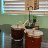 Hot sauces   at Chef Kenny's Vegan Dim Sum in Las Vegas
