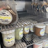 Vegan ice cream sandwiches and pints in glass jars at Ginger's Divine Ice Creams in Los Angeles