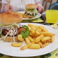 burger with fries at Loving Hut Gangnam-gu - 러빙헛 in Seoul