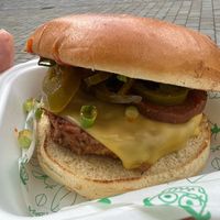 Burger with pepperoni   at No Frickin Chicken in Worcester