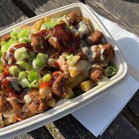 Cheeze and 'Meat' Loaded Fries from the NFC truck at Taunton Vegan Fayre. I added the BBQ sauce.  at No Frickin Chicken in Worcester