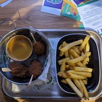 3 pieces, fries and katsu sauce at No Frickin Chicken in Worcester