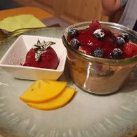 Dunkles Schokoladen-Tiramisu mit Zwetschgenröster und Cassissorbet at Gasthaus Bürgerstüble in Sankt Peter