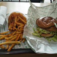 Regular fries & chick'n burger at Vegan Shack - Piccadilly Gardens in Manchester