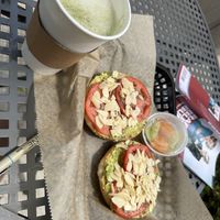 Avocado bagel & matcha latte  at café SoL in Niantic
