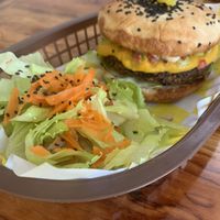 Burger with salad at Crush in Merida