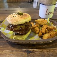 The bar burger and fries  at Crush in Merida