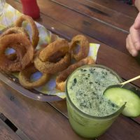 Aros de cebolla and mojito de pepino  at Crush in Merida