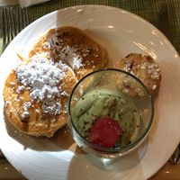 Pancakes, muffin and matcha tapioca pudding yum. at Wynn Hotel - The Buffet in Las Vegas