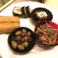 Mixed plate, tofu dish might have bonito flakes on top at Wynn Hotel - The Buffet in Las Vegas