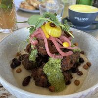 Breakfast Pakoras - vegetable pakoras with cauliflower cream, crispy chickpeas, preserved sultanas and mint sauce.   at Choo Choos in Port Douglas