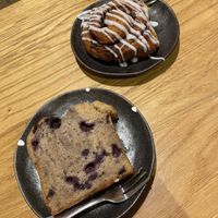 Blueberry cake and cinnamon roll   at Buno Coffee in Amsterdam