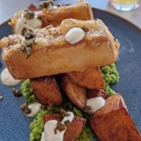 Vegan To-fish fingers with potatoes, peas, capers and tartar sauce at The Hungry Gull in Isle Of Skye