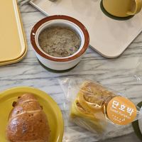 Croissant, mushroom soup, pumpkin bread at Vegan Veganing in Seoul