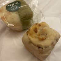 Spinach heart with cheese filling and chestnut bread with soft chestnuts inside!  at Vegan Veganing in Seoul