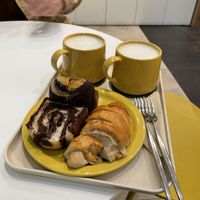 Salted butter pastry + rice and chocolate bread + vegan coffee milk  at Vegan Veganing in Seoul