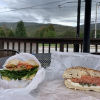 The left one is the Vegan (my wife toke the classic cream cheese and lux and said it was great). at White Mountain Bagel Co in Lincoln