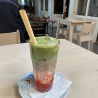 Iced strawberry matcha latte with soy milk: tasty, but the strawberry tasted like a strawberry sauce rather than fresh strawberries.  at First Eet in Arnhem
