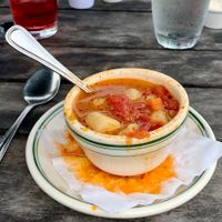 $9 cup of vegan Farmer’s market Stew was served as shown at Jordan Pond House in Mount Desert Island